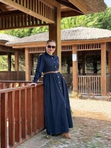 Lacivert Likralı kemerli Tamboy kot elbise