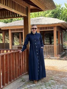Lacivert Likralı kemerli Tamboy kot elbise