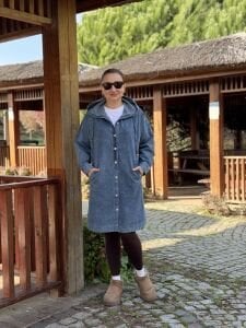 Kapüşonlu uzun kot ceket mavi