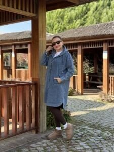 Kapüşonlu uzun kot ceket mavi