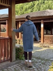 Kapüşonlu uzun kot ceket mavi