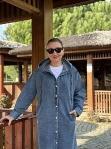 Kapüşonlu uzun kot ceket mavi