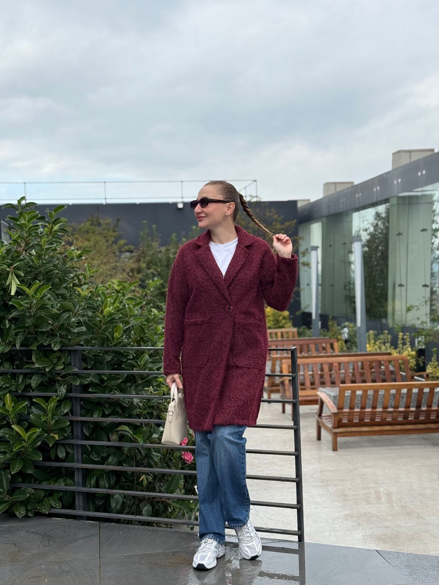 Olive Çift Cepli kaşe kaban bordo