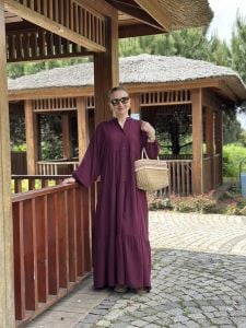 Viskon düz katleya elbise mürdüm