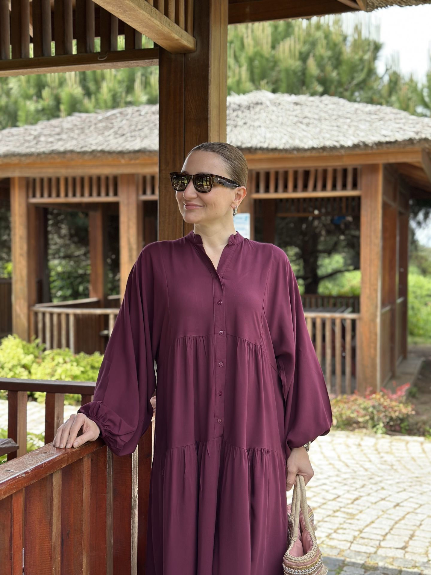 Viskon düz katleya elbise mürdüm