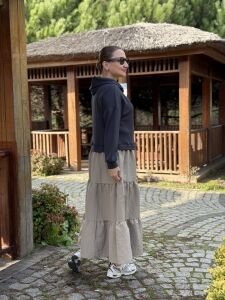 Kapüşonlu sweat elbise gri-taş