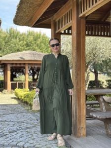 Viskon düz katleya elbise haki