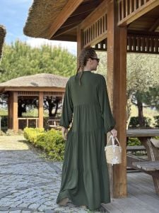 Viskon düz katleya elbise haki