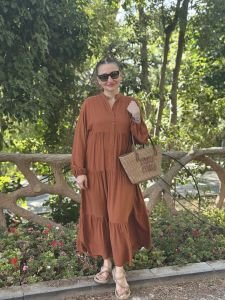 Viskon düz katleya elbise tarçın