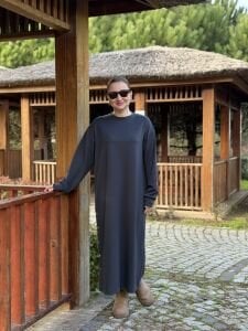 Bisiklet yaka düğme detaylı elbise antrasit