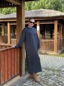 Bisiklet yaka düğme oysho elbise antrasit