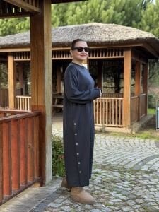 Bisiklet yaka düğme detaylı elbise antrasit