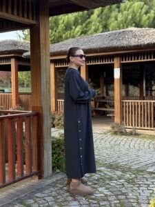 Bisiklet yaka düğme oysho elbise antrasit