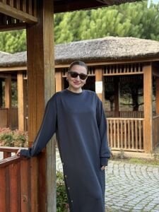 Bisiklet yaka düğme oysho elbise antrasit