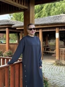 Bisiklet yaka düğme detaylı elbise antrasit