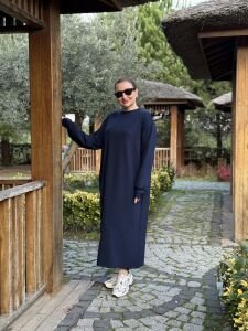 Bisiklet yaka düğme detaylı elbise Lacivert