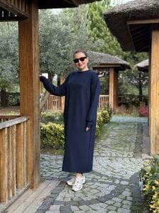 Bisiklet yaka düğme oysho elbise Lacivert