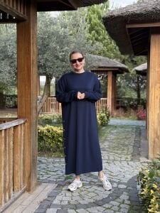 Bisiklet yaka düğme oysho elbise Lacivert