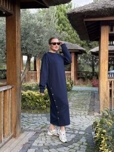 Bisiklet yaka düğme detaylı elbise Lacivert