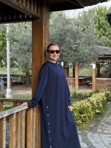 Bisiklet yaka düğme detaylı elbise Lacivert