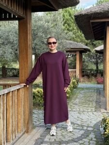 Bisiklet yaka düğme detaylı elbise patlıcan mor