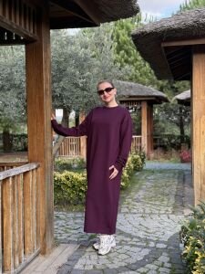 Bisiklet yaka düğme detaylı elbise patlıcan mor