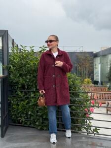 Vintage düğme detaylı Kaşe kaban Bordo