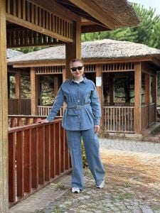 Çanta kemerli Likralı Kot Takım Mavi