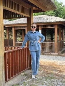 Çanta kemerli Likralı Kot Takım Mavi