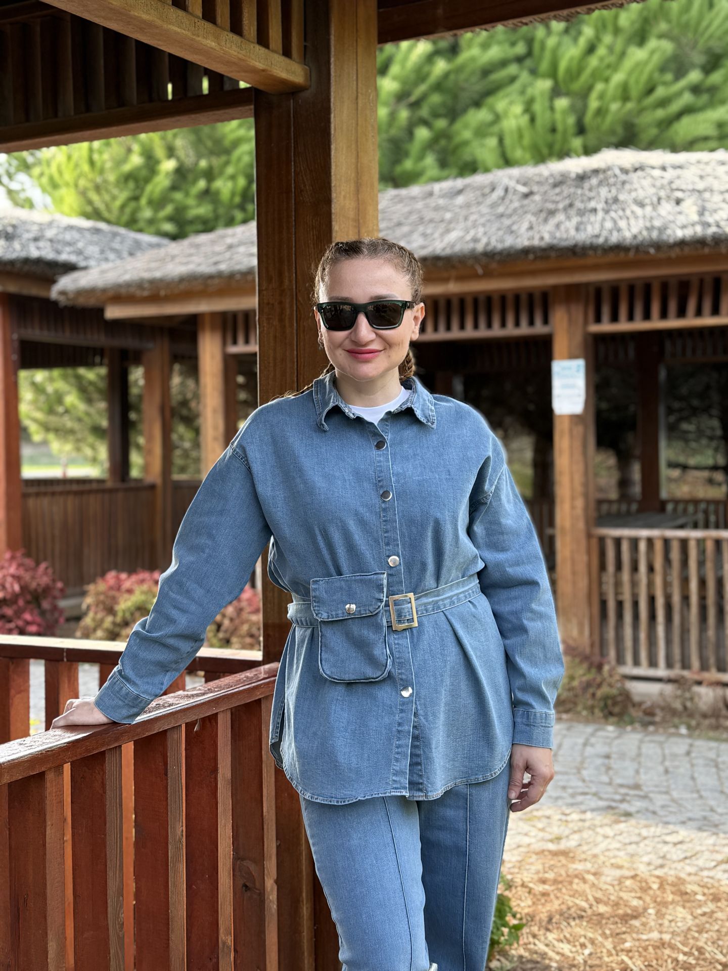 Çanta kemerli Likralı Kot Takım Mavi