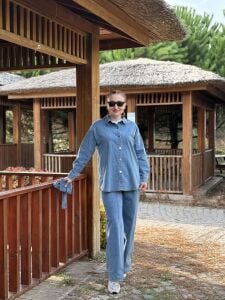 Çanta kemerli Likralı Kot Takım Mavi