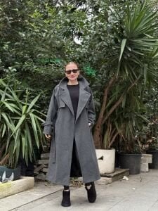 Antrasit Oversize kuşaklı kaşe Kaban