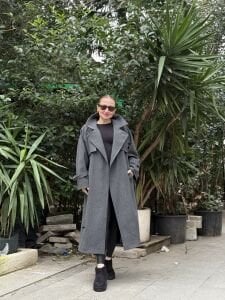 Antrasit Oversize kuşaklı kaşe Kaban