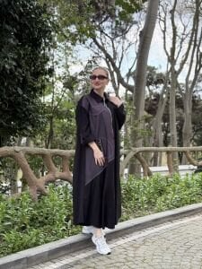 Denim detaylı tensel tasarım elbise siyah-mürdüm