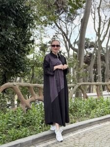 Denim detaylı tensel tasarım elbise siyah-mürdüm