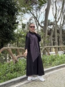 Denim detaylı tensel tasarım elbise siyah-mürdüm