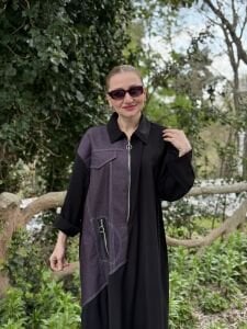 Denim detaylı tensel tasarım elbise siyah-mürdüm