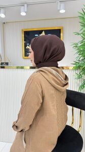 A.akay 6101 Pullu dantel detaylı keten takım camel