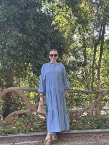 Viskon düz katleya elbise bebe mavi