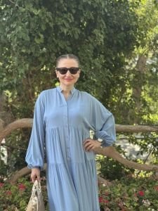 Viskon düz katleya elbise bebe mavi