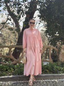 Modal pudra pembe katleya elbise