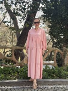 Modal pudra pembe katleya elbise