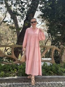 Modal pudra pembe katleya elbise