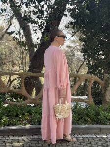 Modal pudra pembe katleya elbise