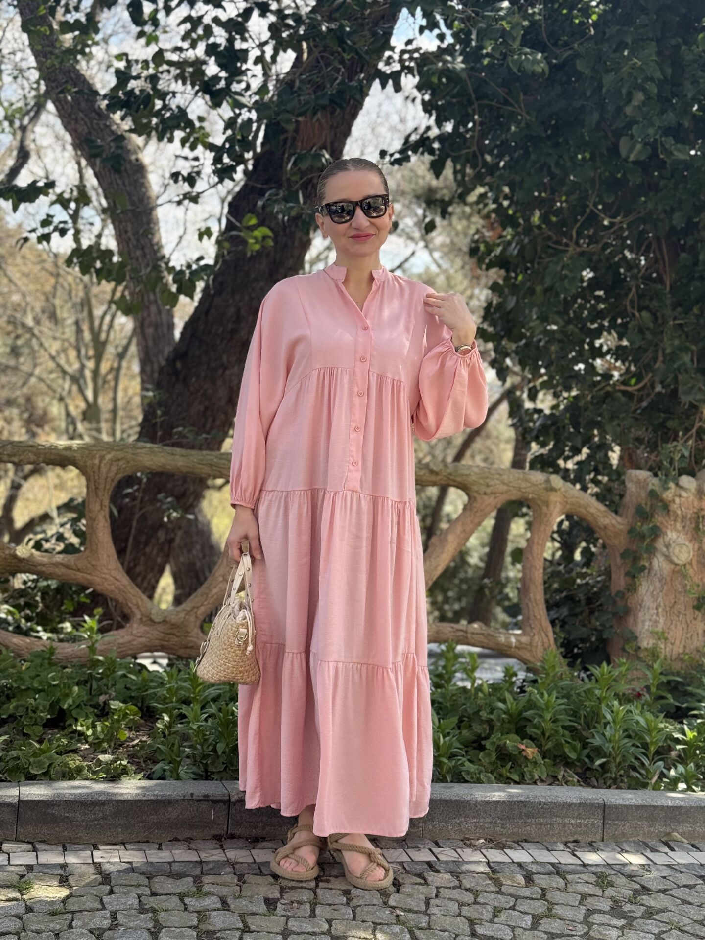 Modal pudra pembe katleya elbise