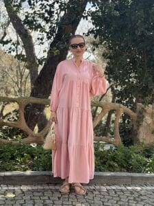Modal pudra pembe katleya elbise