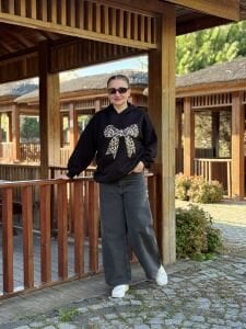 Kapüşonlu kurdela sweat Siyah