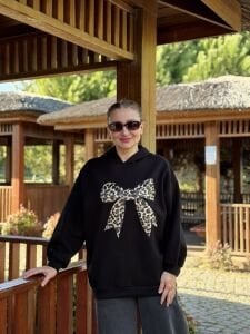 Kapüşonlu kurdela sweat Siyah