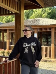 Kapüşonlu kurdela sweat Siyah