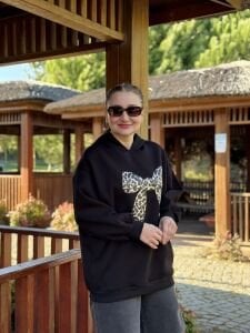 Kapüşonlu kurdela sweat Siyah